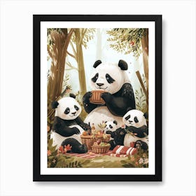 Giant Panda Family Picnicking In The Woods Storybook Illustration 3 Art Print