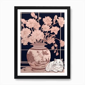 Drawing Of A Still Life Of Peony With A Cat 1 Art Print