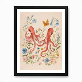 Folksy Floral Animal Drawing Octopus 3 Art Print
