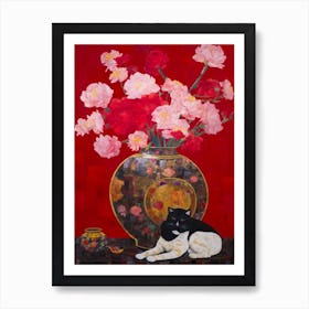 Peony With A Cat 2 Art Nouveau Klimt Style Art Print