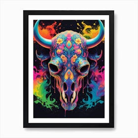 Floral Bull Skull Neon Iridescent Painting (5) Art Print