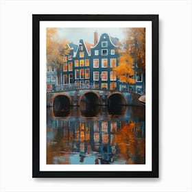 Amsterdam Colorful Buildings And Bridge, Reflections On Water Art Print