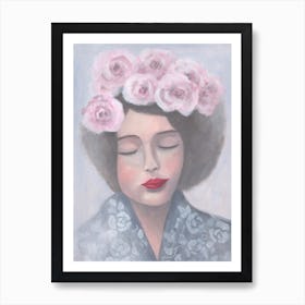 Woman With Pink Roses Hair Art Print