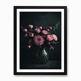 Pink Flower Vase On Black Background Art Print