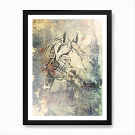 Horse Drawing Art Illustration In A Photomontage Style 03 Art Print