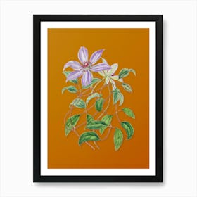 Vintage Violet Clematis Flower Botanical on Sunset Orange n.0386 Art Print