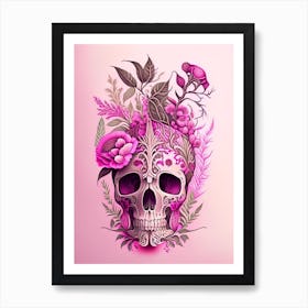 Skull With Intricate Henna 1 Designs Pink Botanical Art Print