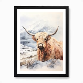 Highland Cow In The Snow Watercolour 1 Art Print