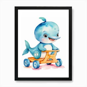 Baby Dolphin On Toy Car, Watercolour Nursery 1 Art Print