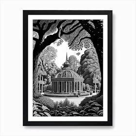 Volksgarten, Austria Linocut Black And White Vintage Art Print