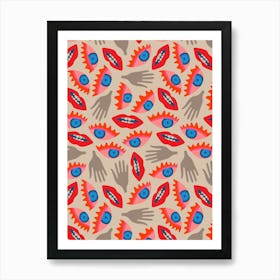 DISEMBODIED Surrealism Eyes Mouth Lips Hands in Retro Red Blush Blue Gray Art Print