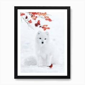 White Fox And Red Cardinal Art Print