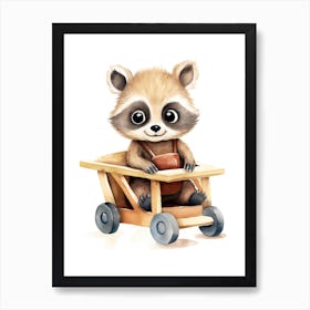 Baby Raccoon On A Toy Car, Watercolour Nursery 2 Art Print