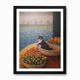 Lilies With A Cat 3 Pointillism Style Art Print