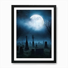 Halloween Themed Digital Painting Mist Weaving Through An Ancient Cemetery Under A Clouded Moonlit (3) Art Print