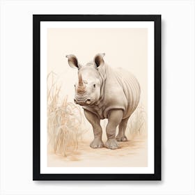 Rhino In The Grass Sepia Illustration Art Print