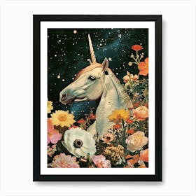 Floral Unicorn In Space Retro Collage 4 Art Print