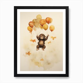 Monkey Flying With Autumn Fall Pumpkins And Balloons Watercolour Nursery 4 Art Print