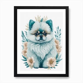 Cute Floral Pomeranian Dog Painting (5) Art Print
