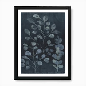 Chalky Botanical Eucayptus On Black Background Art Print