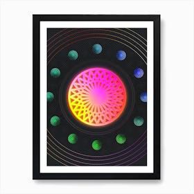 Neon Geometric Glyph Abstract in Pink and Yellow Circle Array on Black n.0327 Art Print