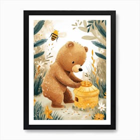 Brown Bear Cub Playing With A Beehive Storybook Illustration 3 Art Print