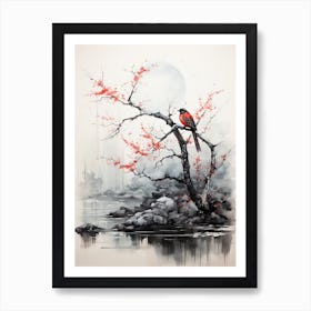 Red Bird, Japanese Brush Painting, Ukiyo E, Minimal 4 Art Print