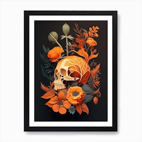 Skull With Floral Patterns 2 Orange Botanical Art Print