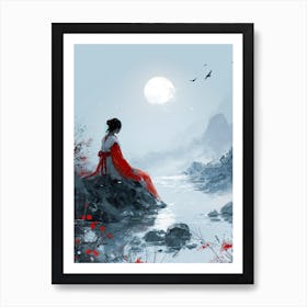 Chinese Woman In Red Dress at Night Art Print