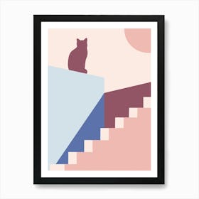 Cat On Stairs — boho travel poster Art Print