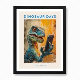 Dinosaur Taking A Selfie Blue Orange Poster Art Print