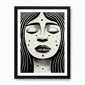 Wavy Lines Linocut Inspired Portrait 7 Art Print