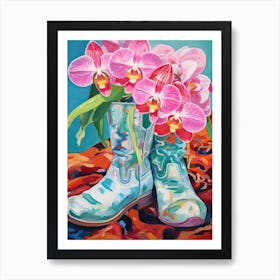 Oil Painting Of Pink And Red Flowers And Cowboy Boots, Oil Style 2 Art Print