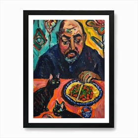 Portrait Of A Man With Cats Eating Tacos  2 Art Print