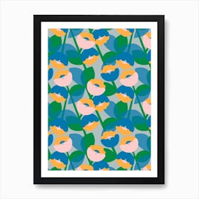 Yellow, Pink And Blue Flowers Art Print