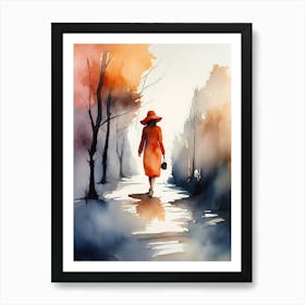 Woman In Red Hat Walking In The Park Art Print