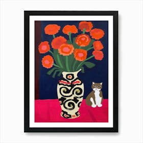 A Painting Of A Still Life Of A Carnations With A Cat In The Style Of Matisse 4 Art Print