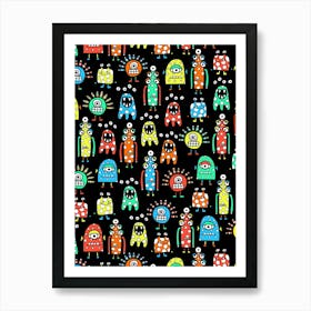 Happy Funky Monsters and Aliens Rainbow on Black Kids Art Print