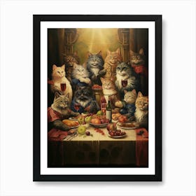 Medieval Cats Feasting On Wine & Fruit Art Print