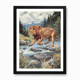 Barbary Lion Relief Illustration Crossing A River 2 Art Print