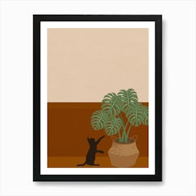 Minimal art of cat playing with plants Art Print