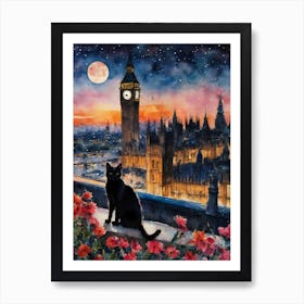 Black Cat in London - The Black Cat Travel Series Iconic Big Ben England Cityscapes Flowers on a Full Moon Traditional Watercolor Art Print Kitty Travels Home and Room Wall Art Cool Decor Klimt and Matisse Inspired Modern Awesome Cool Unique Pagan Witchy Witches Familiar Gift For Cat Lady Animal Lovers World Travelling Genuine Works by British Watercolour Artist Lyra O'Brien Art Print