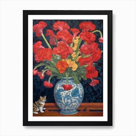 Snapdragons With A Cat 4 William Morris Style Art Print