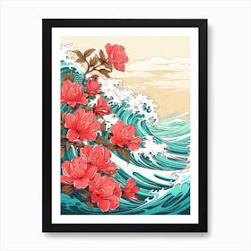 Great Wave With Rhododendron Flower Drawing In The Style Of Ukiyo E 3 Art Print
