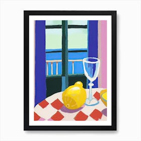Painting Of A Lemons And Wine, Frenchch Riviera View, Checkered Cloth, Matisse Style 3 Art Print