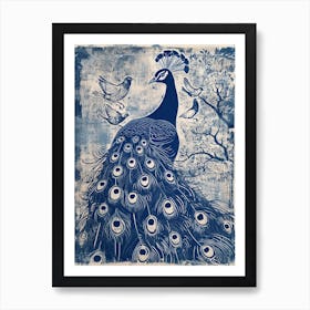 Peacock With Other Birds Linocut Inspired Art Print