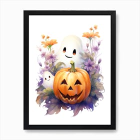 Cute Ghost With Pumpkins Halloween Watercolour 68 Art Print