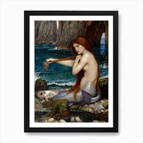 A Mermaid by John William Waterhouse - Remastered Oil Painting Waterhouse's Famous Siren Red Haired Beautiful Mermaid Lady Sat by the Sea Pagan Mythological Witchy Dreamy Art Print