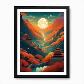 Iconic Great Wall of China ~ Great Asian Landscape Painting Trippy Abstract Cityscape Iconic Wall Decor Visionary Psychedelic Fractals Fantasy Art Cool Full Moon Third Eye Space Sci-fi Awesome Futuristic Ancient Paintings For Your Home Gift For Him Art Print