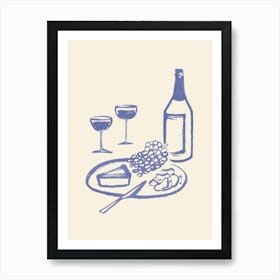 Wine and Cheese Aperitif Kitchen Illustration - Blue Art Print